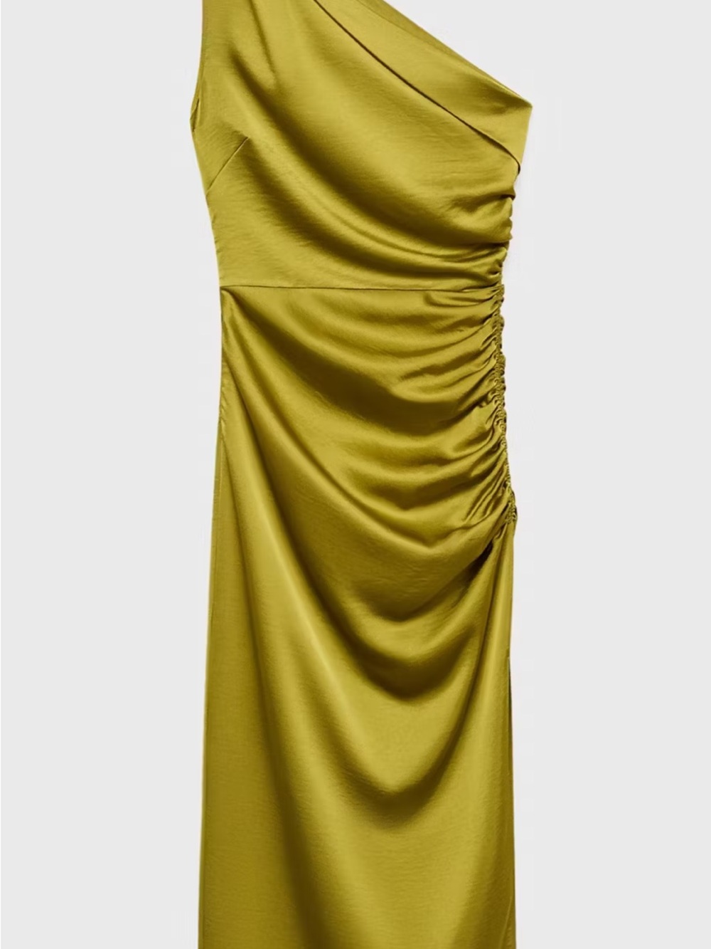 Asymmetrical Olive Green Satin Dress with Side Slit